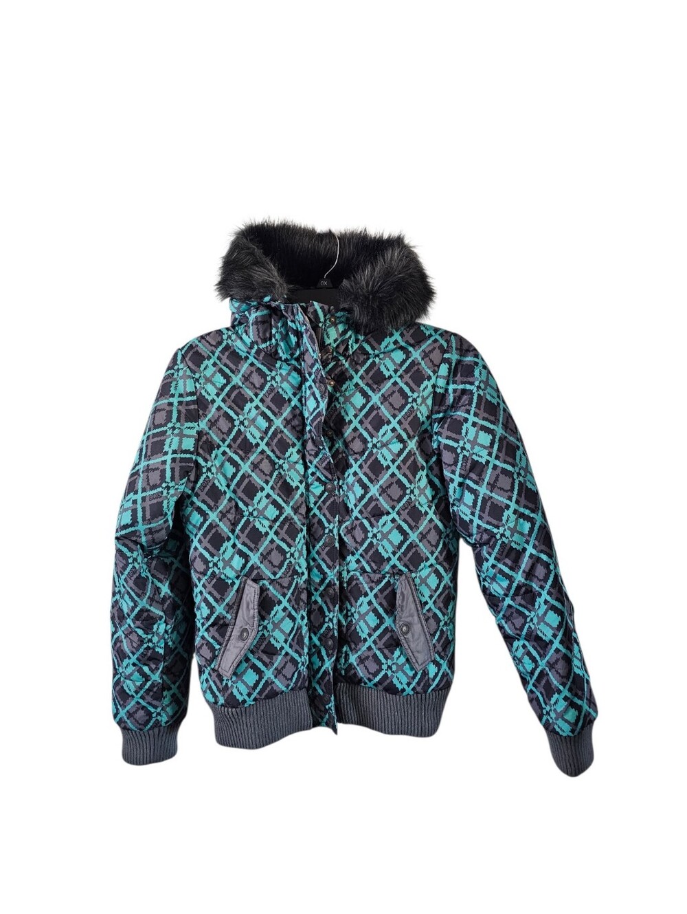 Fox Vintage Y2K Racing Girls Puffer Jacket Teal Gray Plaid Faux Fur Hood Large